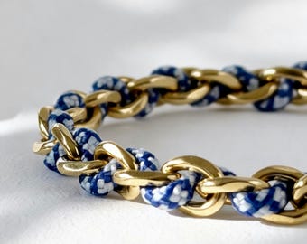 Adjustable waterproof gold link chain with paracord, minimalist women's jewelry bracelet with 14k PVD gold plating and engraving