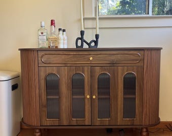Fluted Walnut Sideboard Cabinet | Tambour Sliding Doors, Modern Credenza Storage