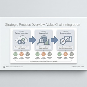 Könnte beinhalten: Eine weiße Präsentationsfolie mit dem Titel "Strategic Process Overview: Value Chain Integration". Sie zeigt einen dreistufigen Prozess: Systemintegration, Datenanalyse und strategische Ausgabe, mit Symbol und Beschreibung.