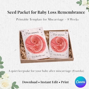 Könnte beinhalten: Zwei Saatguttüten in einer Holzkiste, entworfen zur Erinnerung an den Verlust eines Babys. Jede Tüte zeigt eine Aquarellillustration eines Fötus in einem rosa Kreis, mit deutschem Text. Die Kiste ist mit Stroh gefüllt.