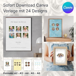 Könnte beinhalten: Eine digitale Canva-Vorlage mit 24 Designs. Das Bild zeigt einen gerahmten Gedenkdruck mit sechs Fotos einer Frau, mit dem Text "Für immer im Herzen" und dem Namen "Maria Müller". Druckformate A2, A3, A4, A5 und A6 werden angezeigt.