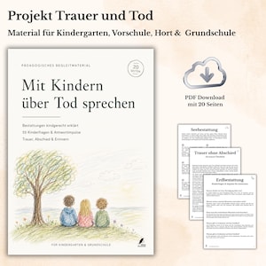 Op de afbeelding: Een boek getiteld "Mit Kindern über Tod sprechen" (Met kinderen over de dood praten) met illustraties van kinderen onder een boom. De afbeelding bevat de tekst "PDF Download mit 20 Seiten" en verschillende voorbeeldpagina's.
