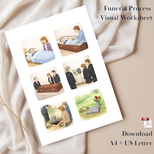 May include: A visual worksheet titled "Funeral Process" with illustrations depicting stages of a funeral. The images show scenes such as a person in bed, a casket, and a gravesite. Text at the bottom indicates the worksheet is available for download in A4 and US Letter sizes.