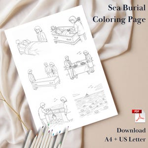 Sea Burial Coloring Pages – 6 Comic Coloring Pages without Text | Urn Burial at Sea PDF | PDF Coloring Page A4 and US Letter Instant Download
