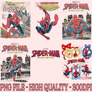 May include: A collection of Spider-Man comic book art and graphics. The images feature Spider-Man in various action poses, with the words "Amazing Spider-Man" and "Brand New Day" prominently displayed. The color palette includes red, blue, and white.