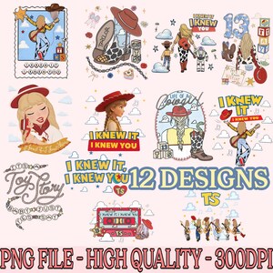 May include: A collection of 12 digital graphic designs featuring cartoon-style illustrations of characters, cowboy boots, hats, guitars, and clouds. The text includes phrases like I KNEW IT I KNEW YOU, LIFE OF A COWGIRL, and TOY STORY, with various colorful motifs.