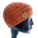 Upcycled Crochet Hat, Cotton - Blend Beanie in Apricot Ribbon, Women's Hat with Button, Extra Small to Medium