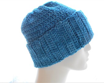 Handmade Crocheted Hat: Blue Merino Beanie