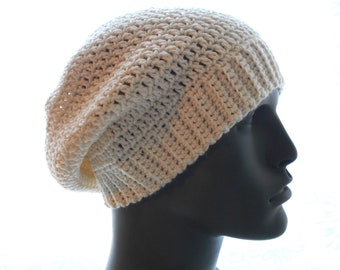 Vegan Cream Crocheted Slouchy Beanie, Hat with Ribbing, Cotton-Blend Beanie, Medium to Large Size