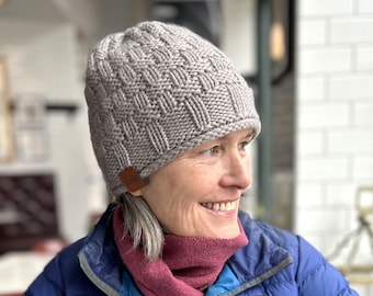 The Mawney Beanie Hat Knitting Pattern, Basketweave Beanie with Ribbed Brim, Easy Knit-and-Purl Stitch Pattern, Handsome Unisex Hat