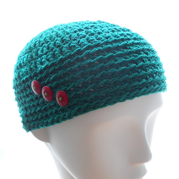 Crochet beanie hat, women's crocheted teeny beanie hat, Christmas green wool-rayon hat, hat with red buttons, winter fashion