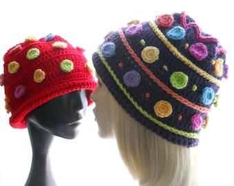 Pop-Dots Beanie, Crochet Hat Pattern, Festive Holiday Hat, Playful Winter Hat with Embellishments, Scrap-Happy Hat