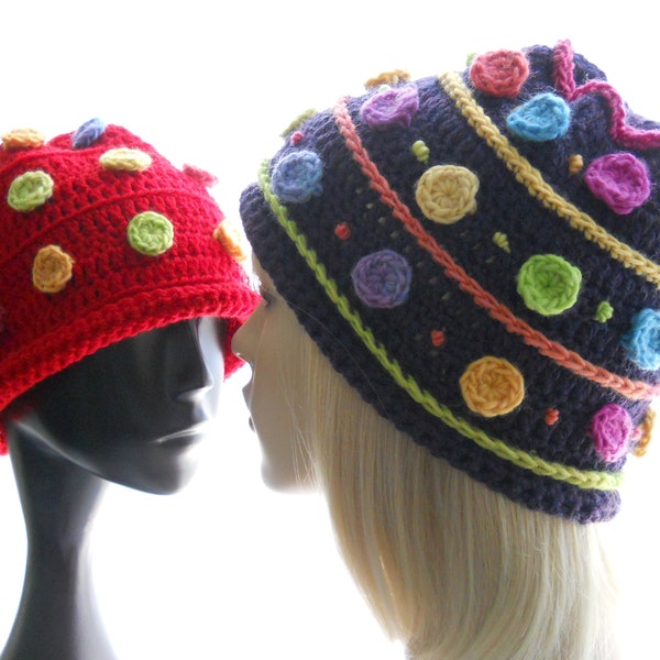 Pop-Dots Beanie, Crochet Hat Pattern, Festive Holiday Hat, Playful Winter Hat with Embellishments, Scrap-Happy Hat