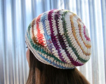 The Pisa Slouchy Hat Crochet Pattern, Beanie with Leaning Stacks of Stripes, Fun-to-Make in Color-Changing Yarn, Intermediate Level Crochet