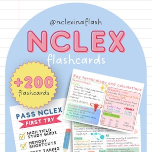 以下が含まれることがあります： ライトブルーの背景にピンク色の「NCLEX flashcards」という文字が書かれたNCLEXフラッシュカードのセット。画像には「+200 flashcards」と書かれた黄色の円と、学習のヒントが書かれたチェックリストが含まれています。主要な用語と計算も表示されています。