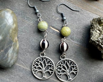 Gemstone Beaded Tree of Life Dangle Earrings