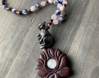 Lotus Sodalite Rose Quartz Kangaroo Necklace