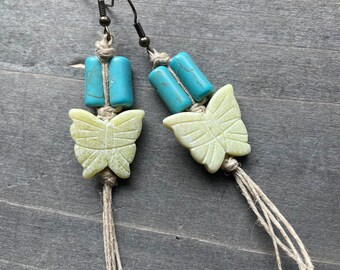 Macrame Hemp Butterfly Beaded Gemstone Earrings