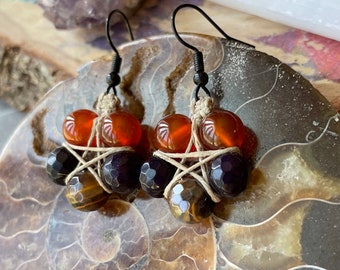 Magical Agate and Tiger Eye Earrings - Handcrafted pentagram design with natural gemstones for a mystical vibe