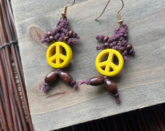 Macrame Hemp Peace Sign Earrings