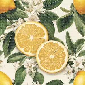 Papel digital con estampado de limón sin costuras, con ilustración de cítricos y flores para impresión por sublimación, scrapbooking y diseño de telas.