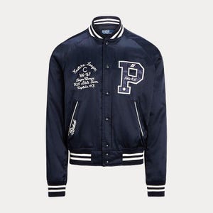 May include: Navy blue satin varsity jacket with white detailing. Features a large white "P" patch and text that reads "Eastern League Champs '66-'67". The jacket has striped cuffs and collar, and the Polo RL logo.