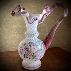 Vintage 1996 Fenton Commemorative Signed Pitcher in French Opalescent with Dusty Rose Accents