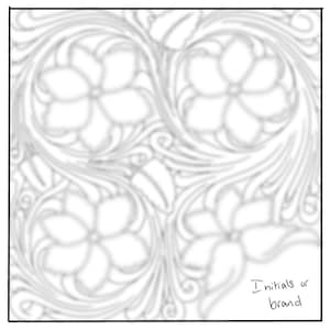 May include: A detailed, grayscale floral pattern with four large, stylized flowers arranged in a square. The design includes swirling vines and leaves, with the text "Initials or brand" in the lower right corner.