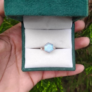Hexagon Rainbow Moonstone Ring | 925 Sterling Silver Faceted Gemstone Jewelry