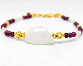 Moonstone Garnet Bracelet | Natural Moonstone Center Stone | Handmade Beaded Gemstone Bracelet | 6 Inch Bracelet with Extender Chain