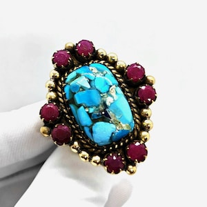 Natural Turquoise | Ruby Unique Ring, Handmade Brass Jewelry, Boho Statement Ring, Vintage Style Gold Plated Brass Ring, Gift For Her.