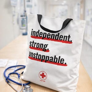 Peut inclure: Sac fourre-tout blanc avec des poignées noires. Les mots "independent, strong, unstoppable" sont imprimés en noir avec des barres rouges. Un symbole de croix rouge et "First Aid" en bas. Un stéthoscope bleu est sur une surface en bois.
