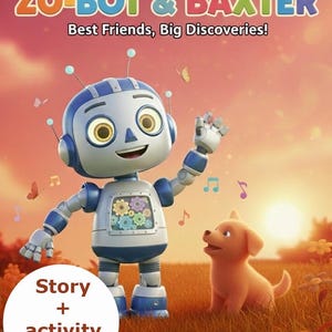 Könnte beinhalten: Kinderbuchcover mit einem Roboter und einem Welpen auf einer Wiese. Der Titel lautet "The Adventures of Zo-Bot & Baxter". Der Text lautet "Best Friends, Big Discoveries!" und "Story + activity Inside!"