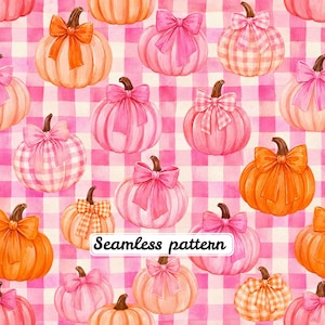 Pink and Orange Pumpkin Bows Seamless Pattern, Pink Gingham Fall Coquette Autumn Digital Paper JPG