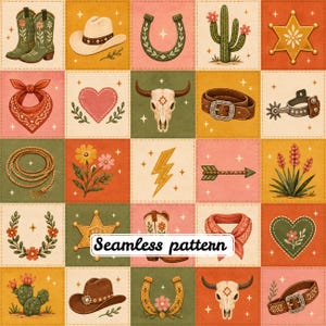 Retro Cowgirl Western Patchwork Seamless Pattern | Vintage Cowboy Boots & Desert Icons | Western Quilt Fabric Repeat Tile