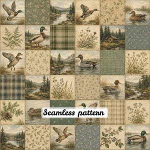 Vintage Mallard Duck Patchwork Seamless Pattern, Rustic Woodland Waterfowl Fabric, Cabin Lodge Quilt Cotton, Watercolor Nature Print
