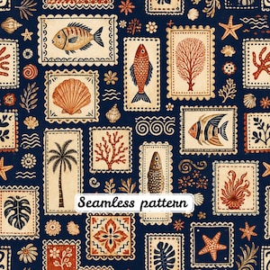 May include: A seamless pattern on a dark blue background featuring rectangular postage stamp-style frames containing illustrations of fish, seashells, coral, palm trees, and starfish in shades of orange, cream, and brown with the text Seamless pattern.