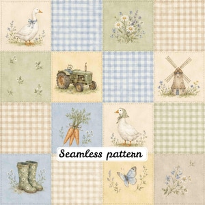 Pode incluir: Um design de grade de patchwork com ilustrações de um ganso branco com um laço azul, um trator verde, um moinho de vento, cenouras, galochas, uma borboleta e arranjos florais, intercalados com quadrados xadrez azuis, verdes e beges. O texto diz Seamless pattern.