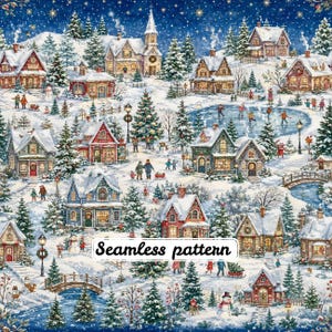 Naadloos patroon van een vintage kerstdorp, aquarel besneeuwd vakantiestadje, winterhuisje stof, katoenen print voor kerstquilt (JPG)