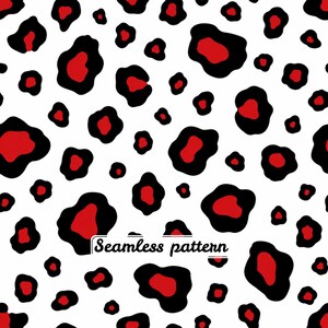 Pode incluir: Um padrão sem costuras com um fundo branco e formas orgânicas repetitivas. Cada forma consiste num centro vermelho sólido rodeado por uma borda preta espessa, criando um design de estampado animal estilizado. O texto Seamless pattern é visível.