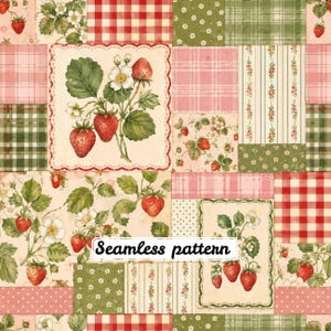 Pode incluir: Um design de tecido patchwork com um padrão repetitivo de morangos, flores brancas e folhas verdes. O layout inclui quadrados de xadrez vichy vermelho e branco, xadrez rosa, estampas florais verdes e bolinhas com o texto Seamless pattern.
