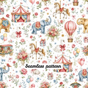 Pode incluir: Um padrão contínuo com tendas de circo, cavalos de carrossel, elefantes, balões de ar quente, cisnes com laços, ramos de flores, caixas de presente e balões sobre um fundo branco. O texto Seamless pattern está centrado na imagem.