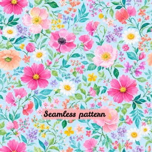 Pastel Cottage Garden Floral Seamless Pattern JPG | Pink Wildflower Meadow Repeat | Fabric Wallpaper Design