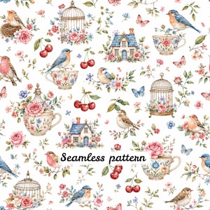 May include: A seamless pattern featuring watercolour illustrations of birds, floral teacups, birdcages, small cottages, butterflies, and cherries on a white background. The text Seamless pattern is centred in black script font among the various motifs.