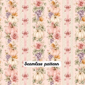 Romantic Blush Pumpkin Stripe Seamless Pattern | Watercolor Pumpkins, Roses & Lace Ribbons | Shabby Chic Fall Fabric | Digital Paper JPG