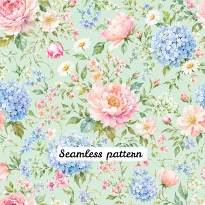 Könnte beinhalten: Ein nahtloses Muster auf hellminzgrünem Hintergrund mit Aquarellillustrationen von rosa Pfingstrosen, blauen Hortensien, weißen Gänseblümchen und kleinen grünen Blättern. Der Text "Seamless pattern" ist in der Mitte schwarz aufgedruckt.
