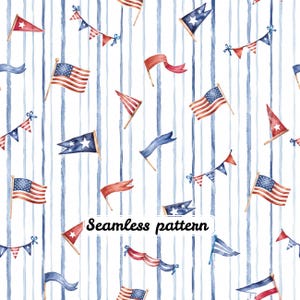 Pode incluir: Um padrão contínuo com ilustrações em aguarela de bandeiras americanas, bandeirolas vermelhas e azuis e grinaldas festivas sobre um fundo de riscas verticais azuis. O texto Seamless pattern está centrado a preto numa etiqueta branca.
