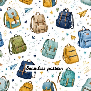 Motivo senza cuciture ad acquerello per zaini scolastici | Zaini colorati per il ritorno a scuola | Tessuto per zaini per bambini | Materiale scolastico