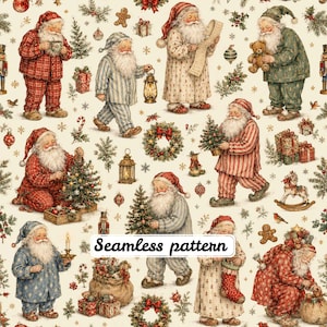 Vintage pyjama kerstman naadloos patroon JPG, gezellige kerstman speelgoed, kerstbomen en cadeaus digitaal papier
