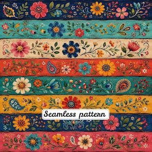 Peut inclure: Un motif sans couture composé de planches de bois horizontales aux couleurs variées, notamment bleu foncé, bleu sarcelle, crème, rouge et jaune. Chaque planche est ornée de motifs floraux, de feuilles et de formes cachemire peints.